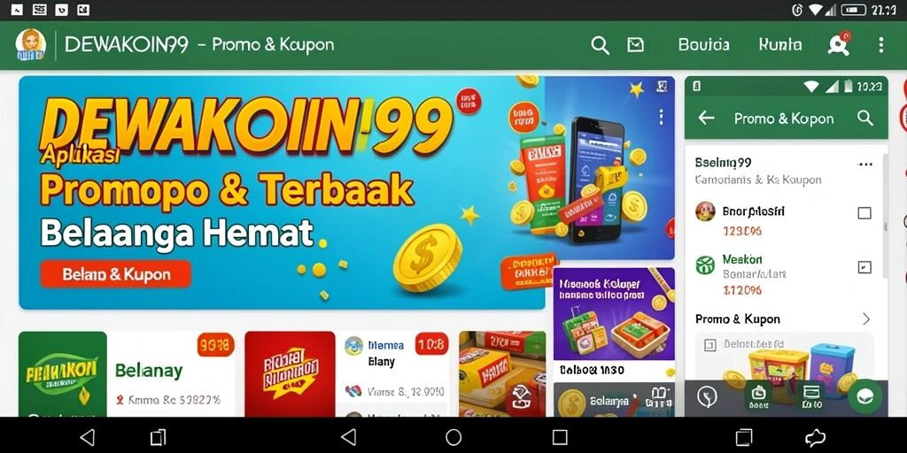 Tampilan antarmuka aplikasi DEWAKOIN99 dengan berbagai kupon dan promo menarik.